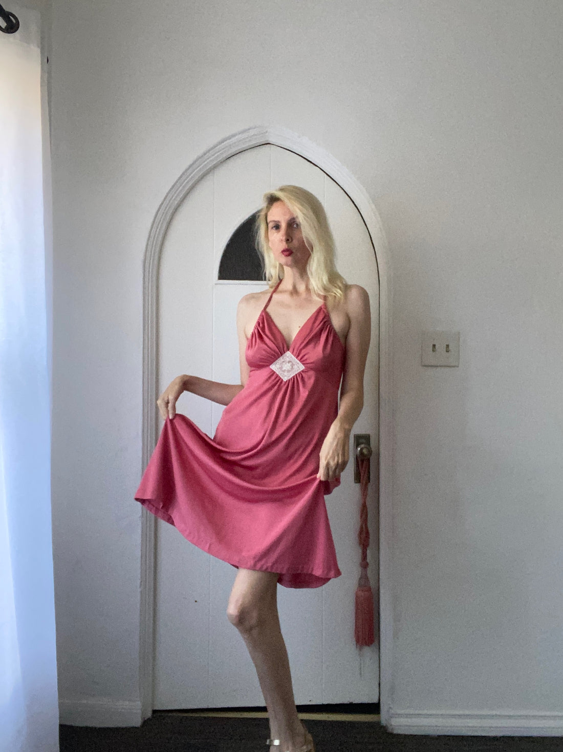 Vintage 70s Pink Poly Handmade Disco Dress S/M