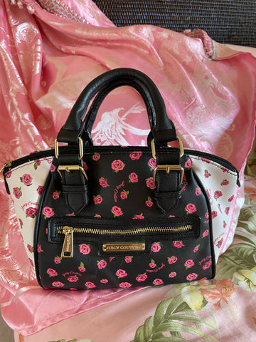 Juicy Couture Black Rose Floral Design Faux Leather Handbag