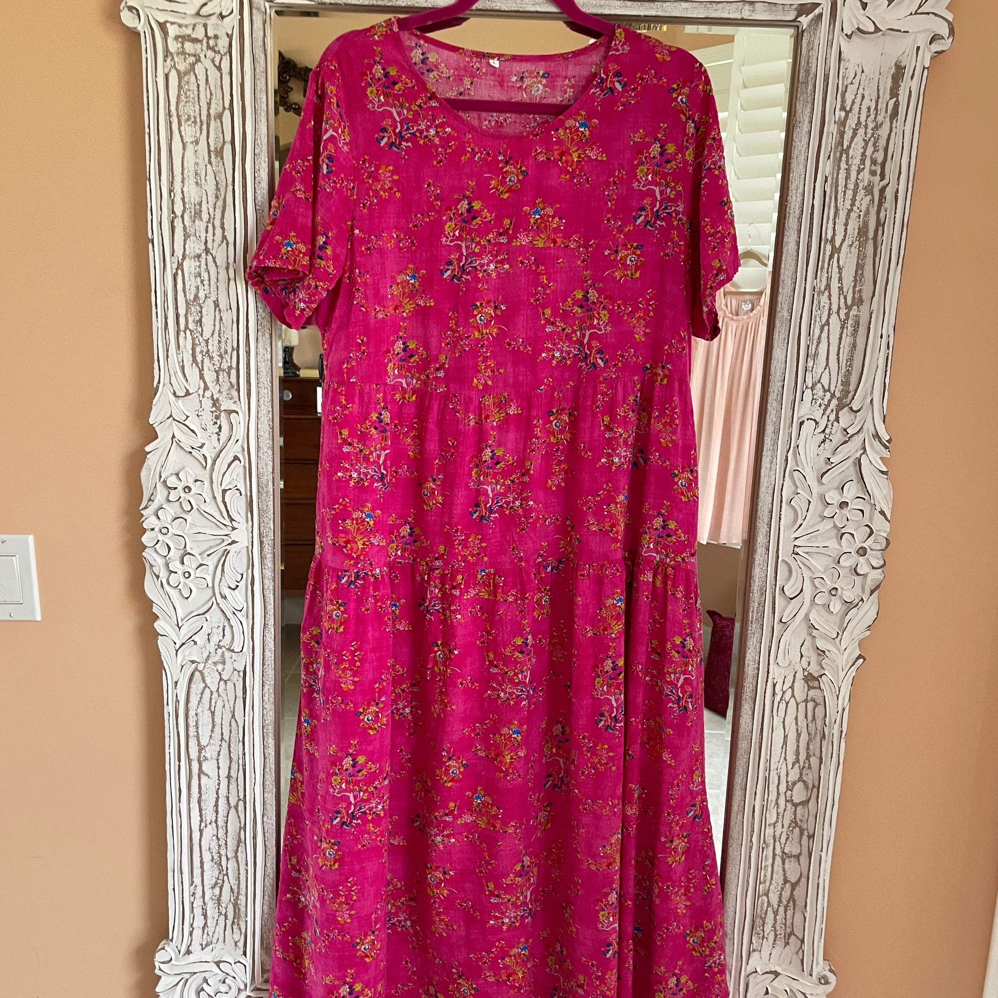 2000s Floral Print Cotton Rayon Loose Fit Tiered Casual Out & About or House Dress L