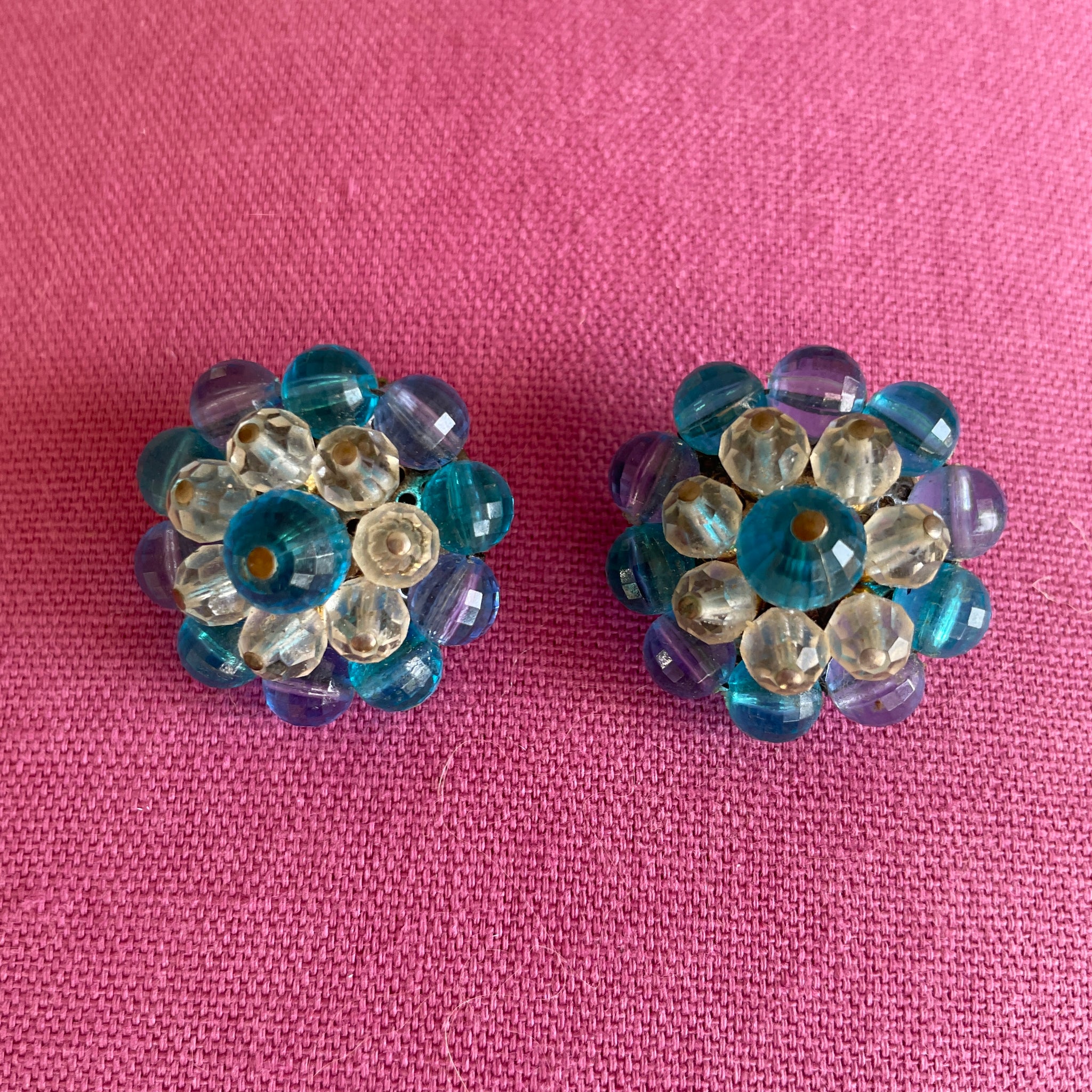 Vintage 50s Acrylic Beaded Blue Flower Clip Earrings