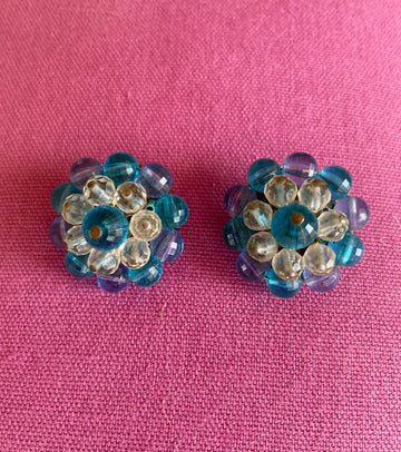 Vintage 50s Acrylic Beaded Blue Flower Clip Earrings