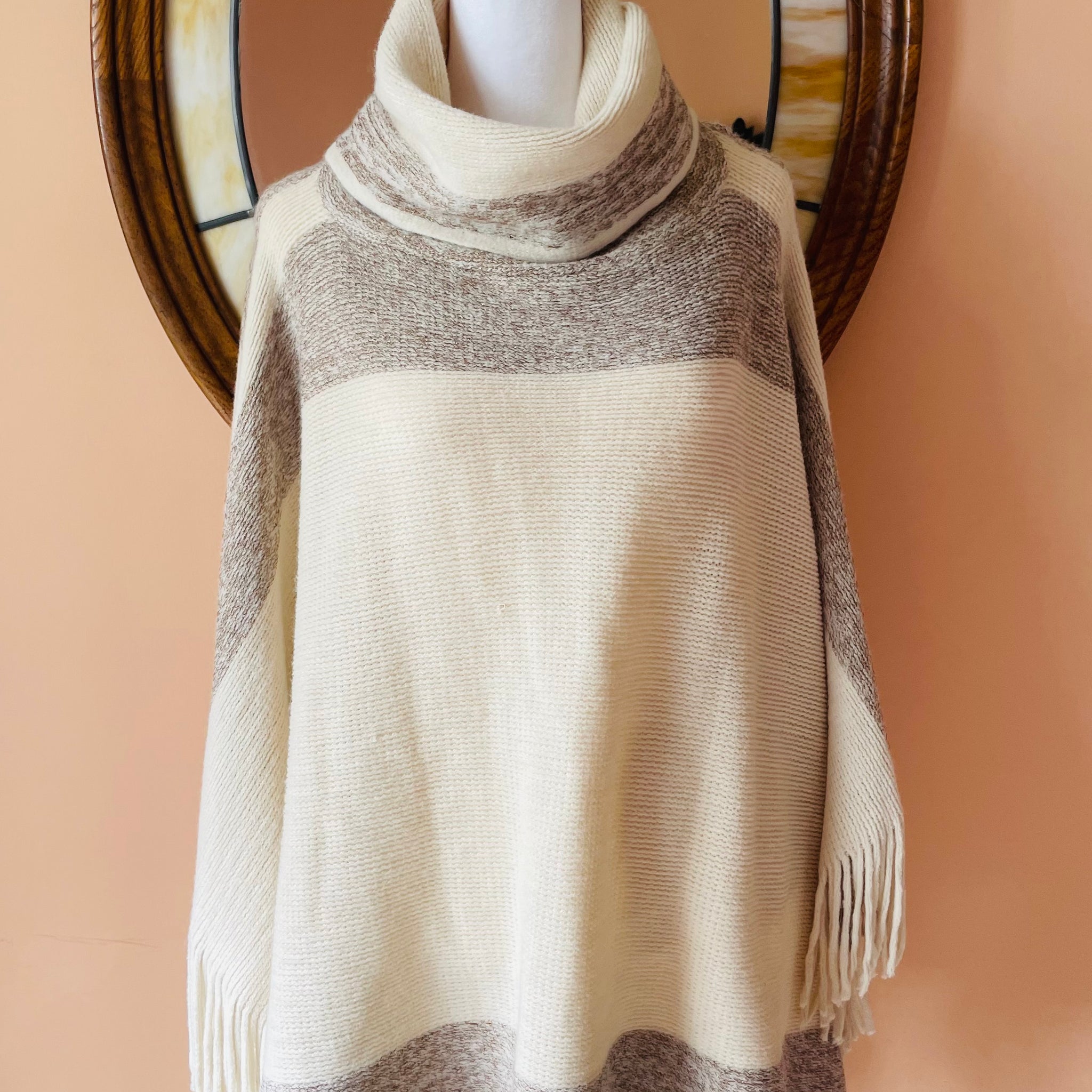 Soft Acrylic Fringed Turtleneck Sweater Poncho Free Size