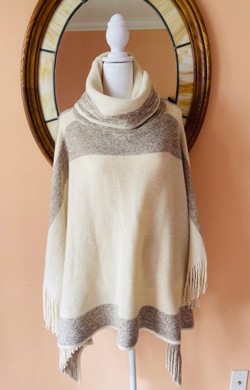 Soft Acrylic Fringed Turtleneck Sweater Poncho Free Size