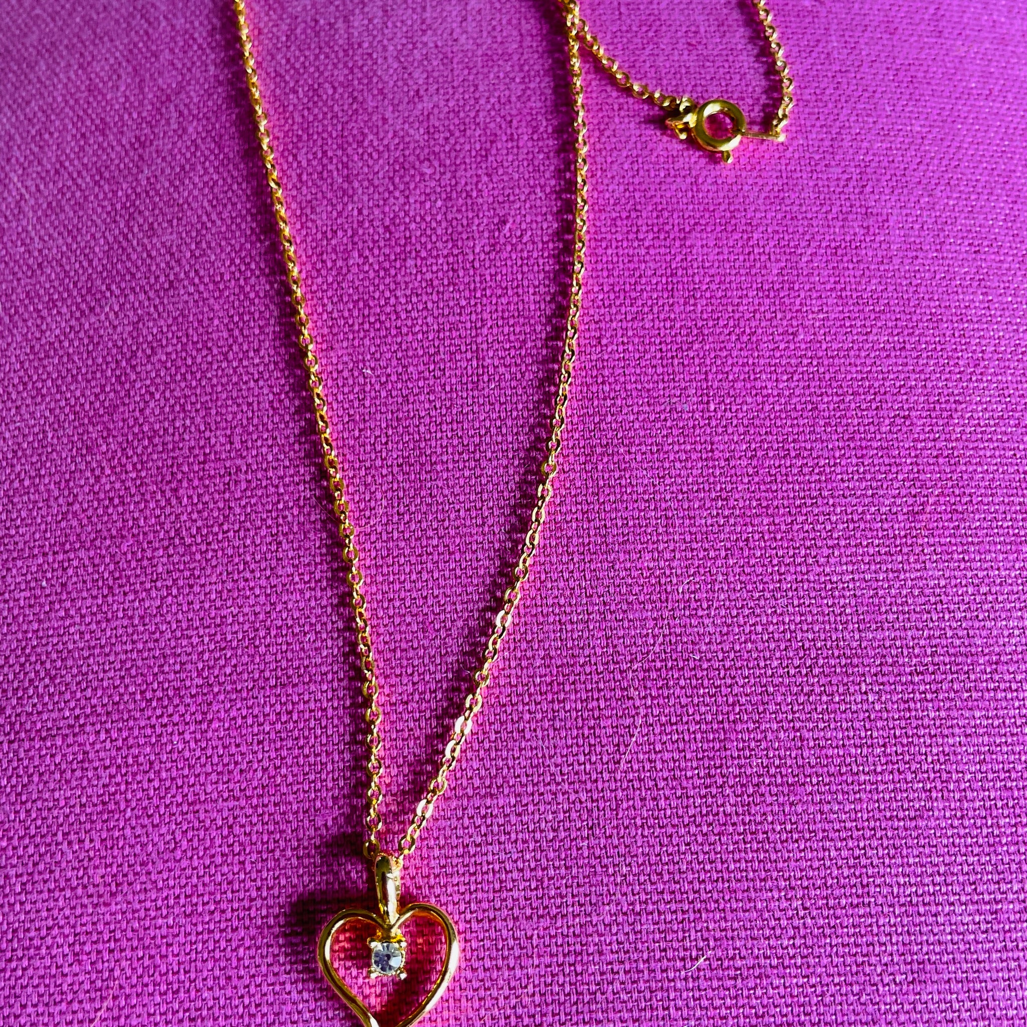 2000s Gold Tone Chain Tiny Open Heart Crystal Accent Pendant Necklace.