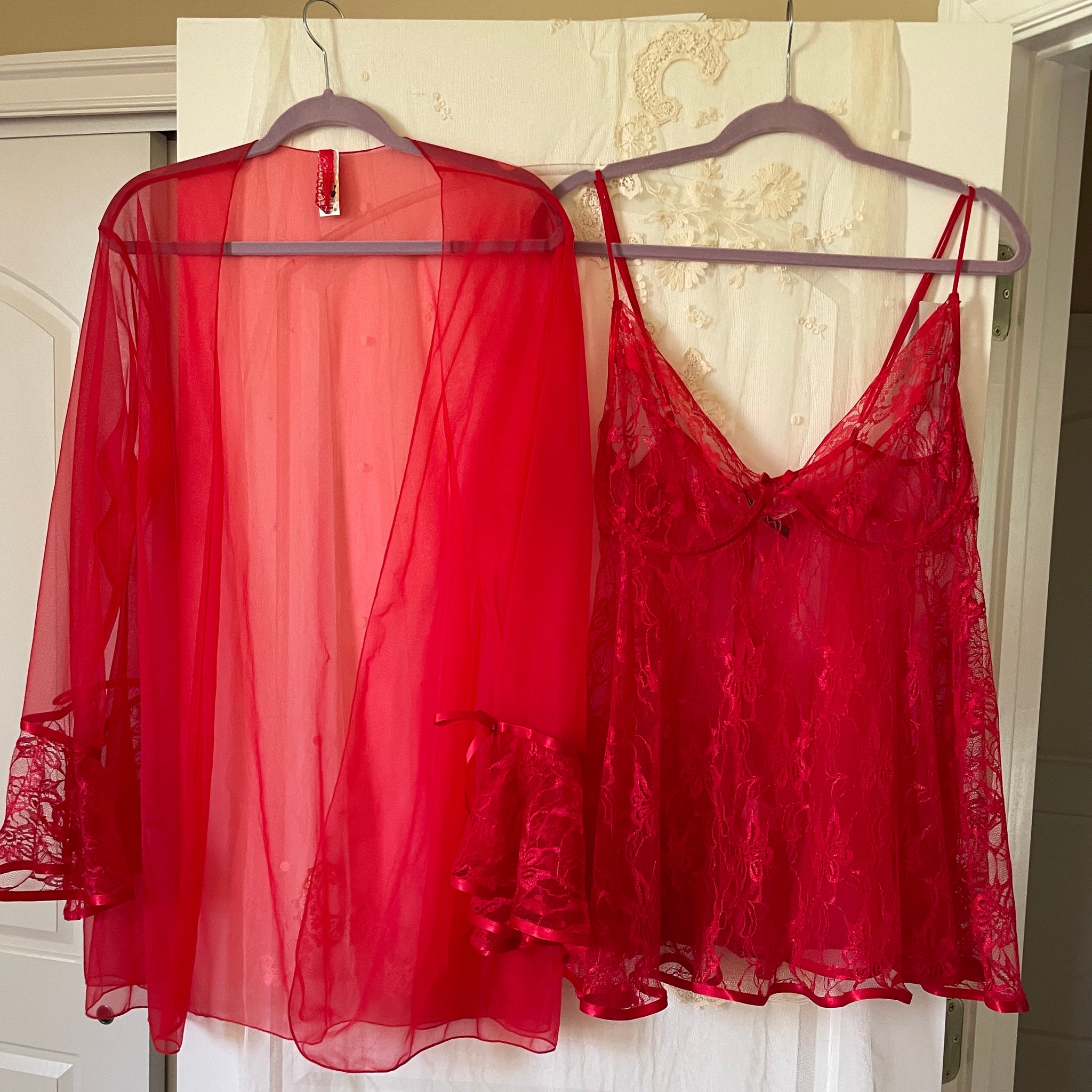 2000s 3 Piece Set Red Sheer Nylon Lounge Top Lace & Ribbon Bell Sleeve Matching Nitie & Panties  3X