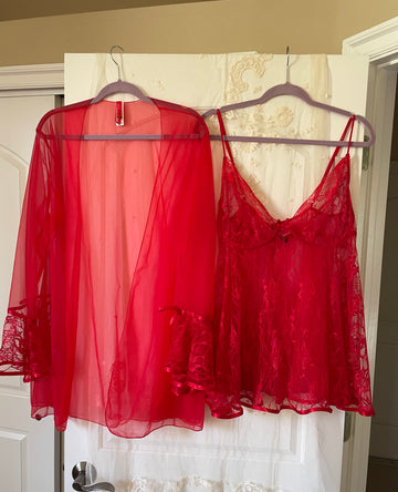 2000s 3 Piece Set Red Sheer Nylon Lounge Top Lace & Ribbon Bell Sleeve Matching Nitie & Panties  3X