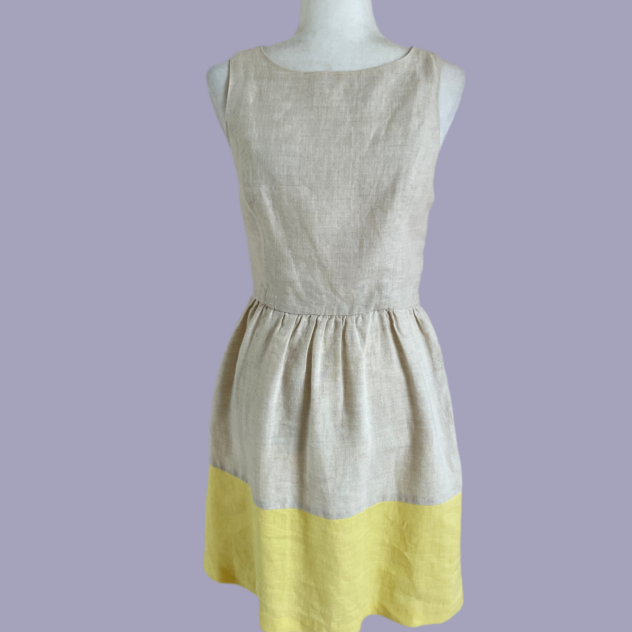 90s Vintage Beige Linen Panel Sleeveless Classic Summer Day Dress S