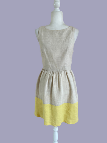 90s Vintage Beige Linen Panel Sleeveless Classic Summer Day Dress S