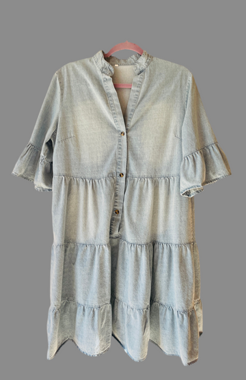 2000s Blue Washed Denim Tiered Casual Dress M/L