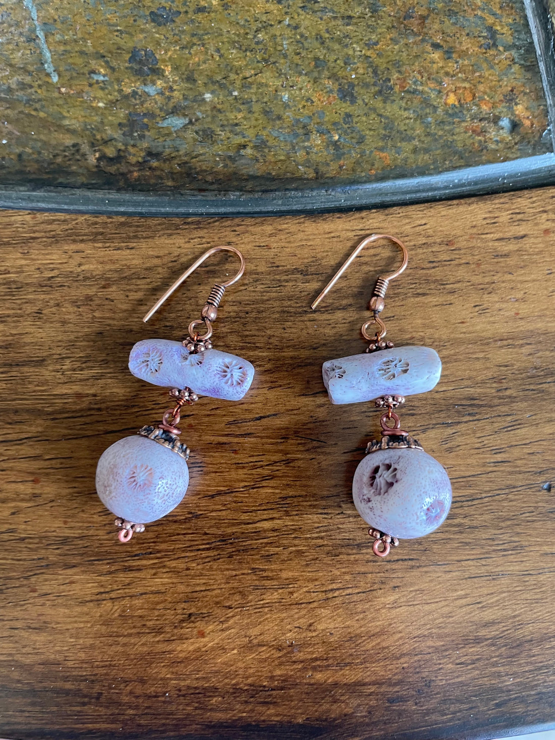 2000s Hand Beaded Copper Tone Dusty Lavender Stone Drop Earrings