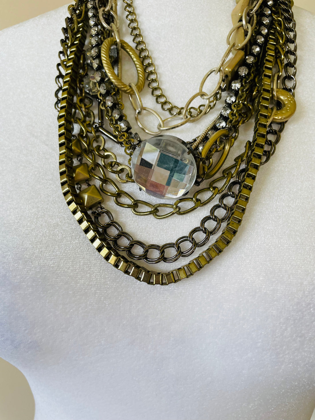 Brass Tone Mix of 10 Chains Cascading Statement Choker Necklace