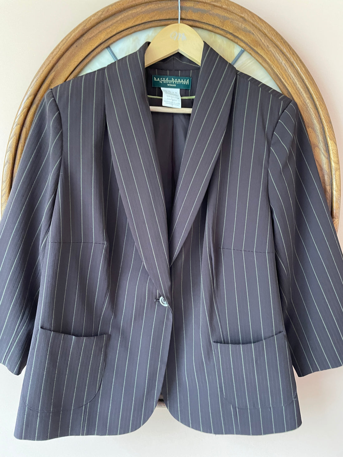 80s Vintage Harve Benard Brown Stripe Poly Rayon Lined Shoulder Padding Tailored Style Jacket X/L