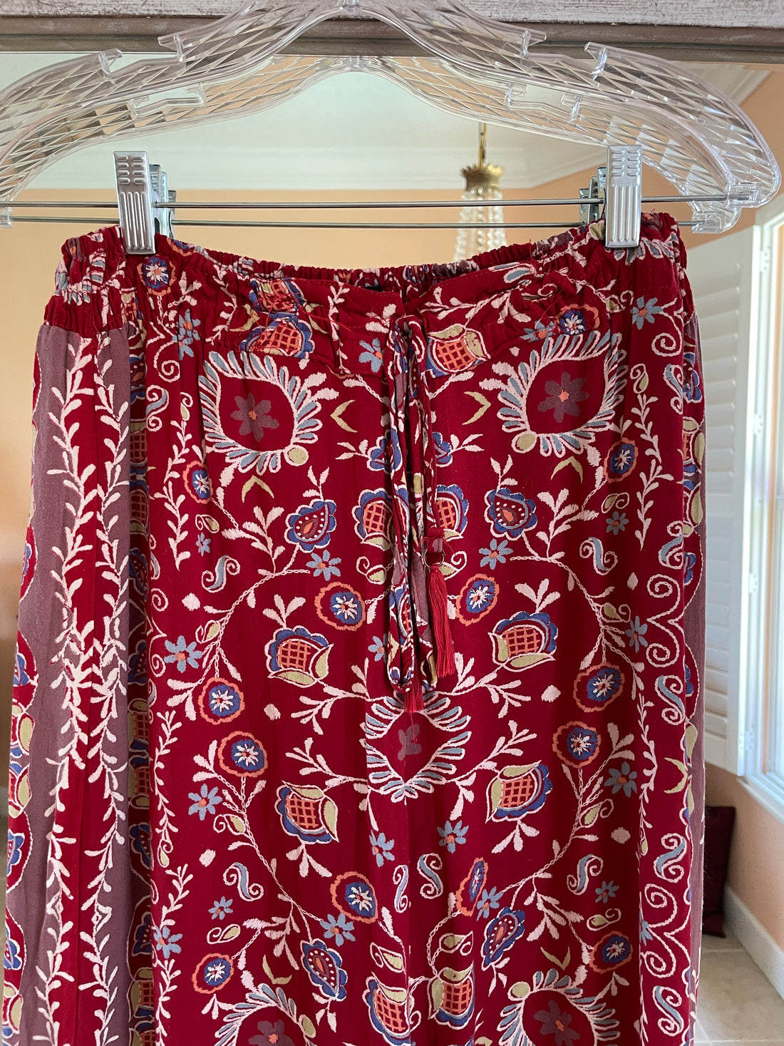 90s Vintage Rayon Print Tie Elastic Waist Loose Comfy Leg Casual Lounge Boho Pants S/M