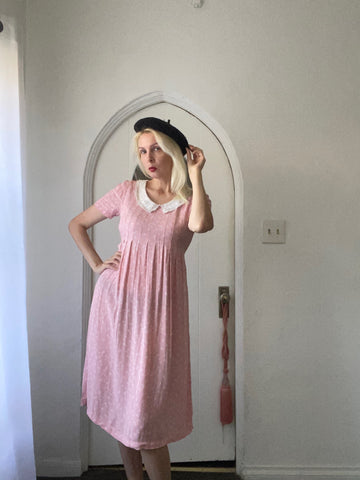 Vintage 70s Pink Floral Lacy Faux Pearl White Collar Midi Dress Sm