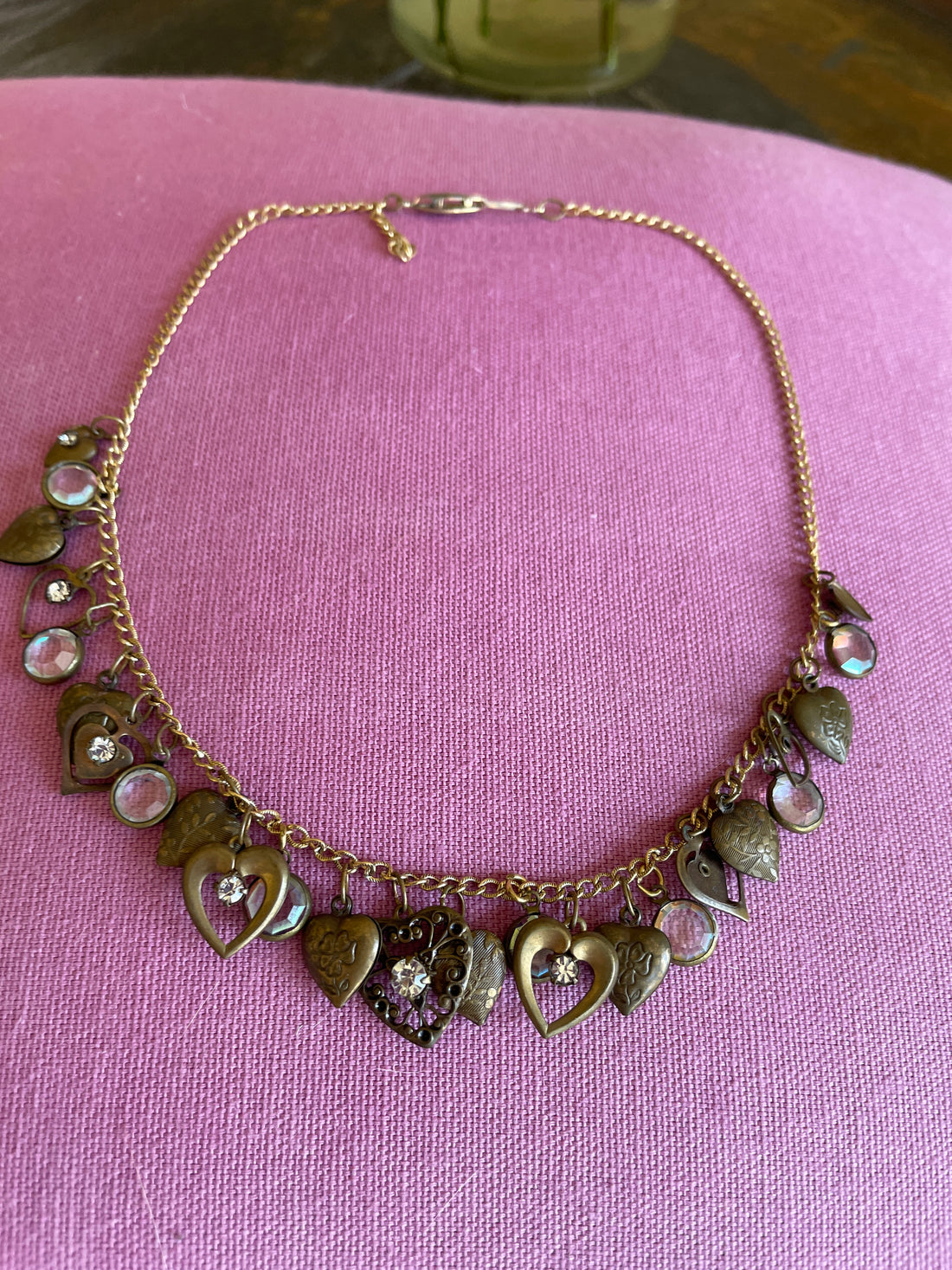 90s Vintage Dangling Bronze Heart Charms Gold Tone Chain Necklace