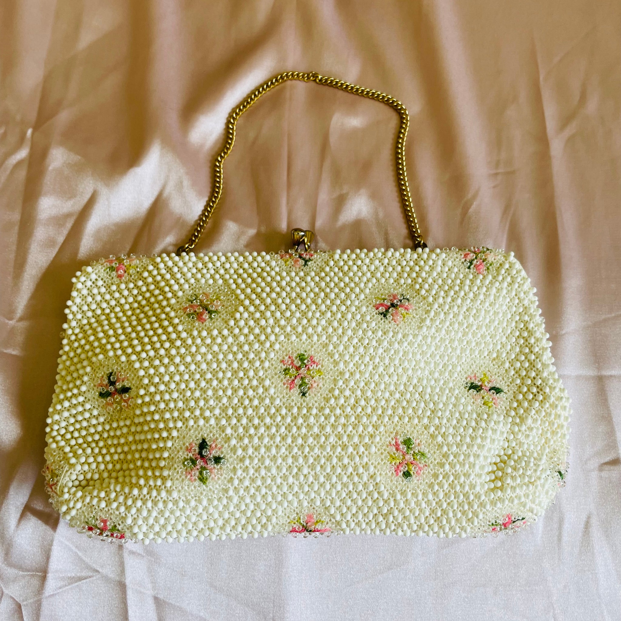 50s Vintage White Beaded Pink Floral Purse Handbag
