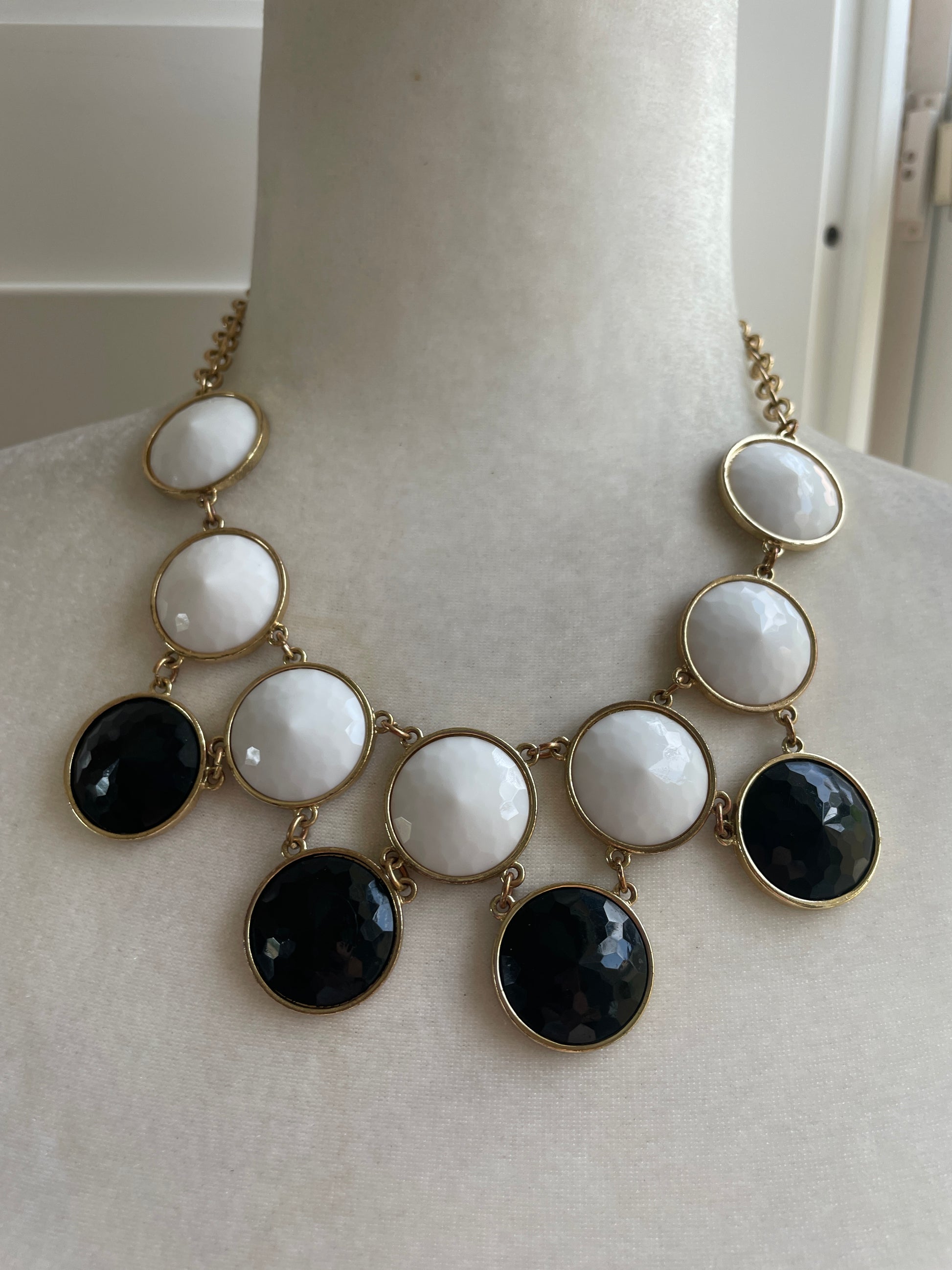 Cookie Lee bib necklace  90s Signed Cookie Lee Gold Tone Black White Cabochon Bib Necklace