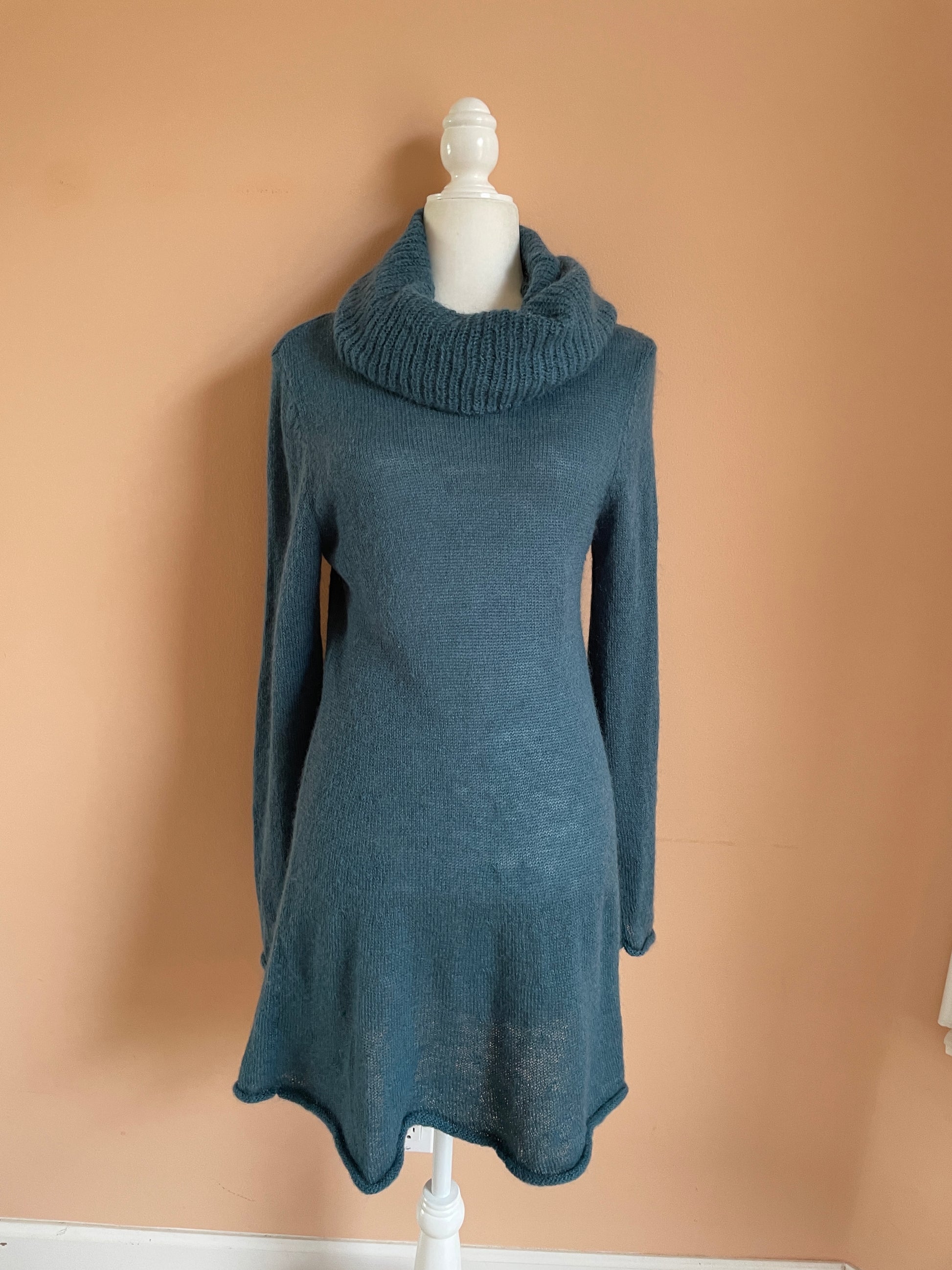  2000s Promod Blue Wool Cowl Collar Sweater Dress