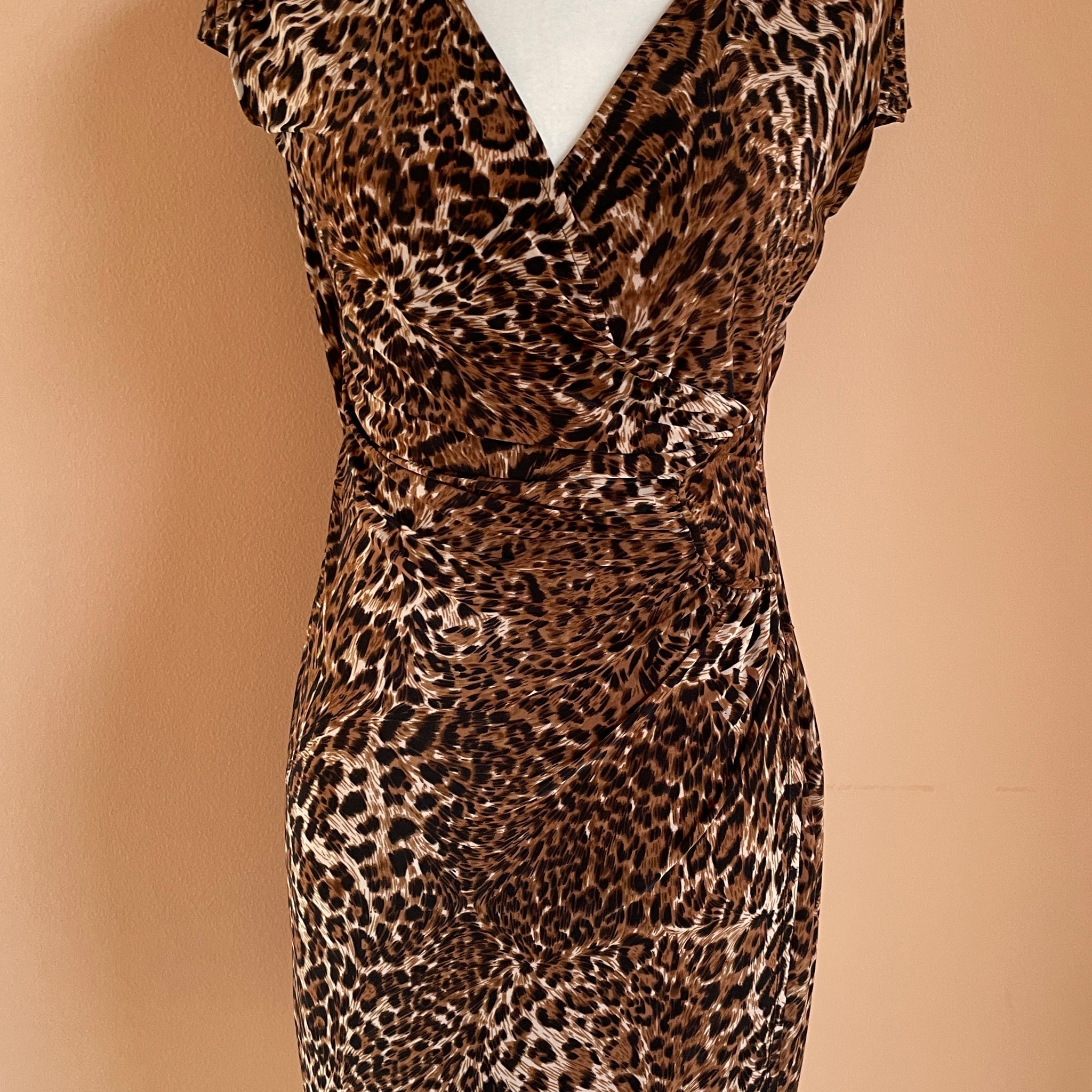 2000s Rayon Poly Blend Cap Sleeve Animal Print Dress M