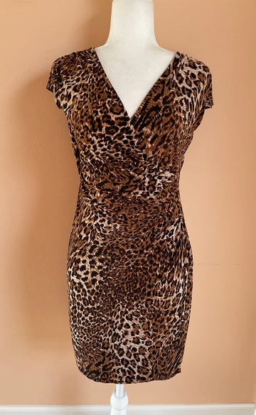 2000s Rayon Poly Blend Cap Sleeve Animal Print Dress M