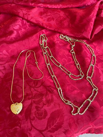 Vintage Gold Tone Heart Pendant Necklace & Sparkling Wrap Link Chain Necklace