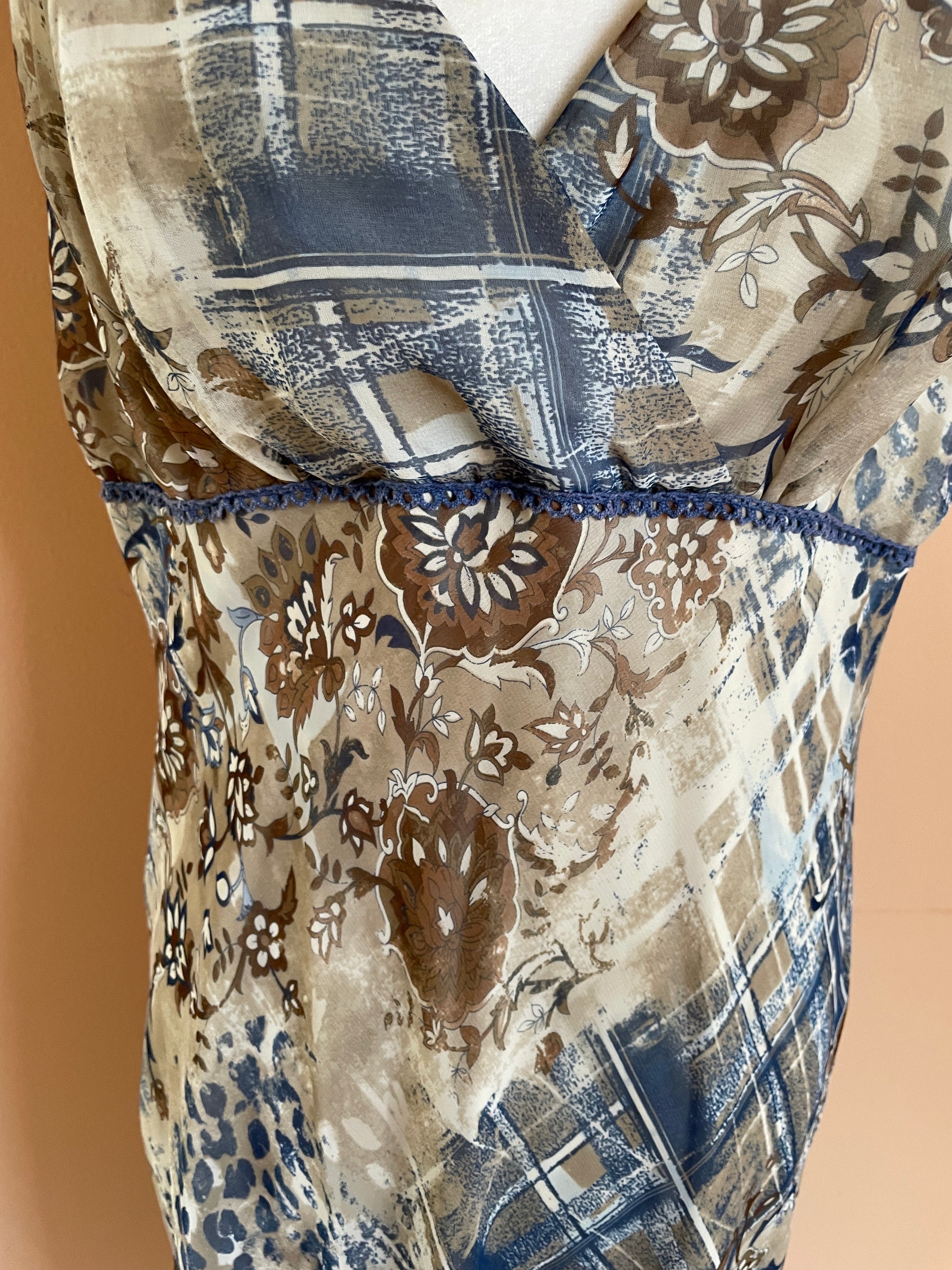  Abstract Blue Floral Print Sheer Poly Lined 2000s Bow Strap Sleeveless Summer Maxi Dress M