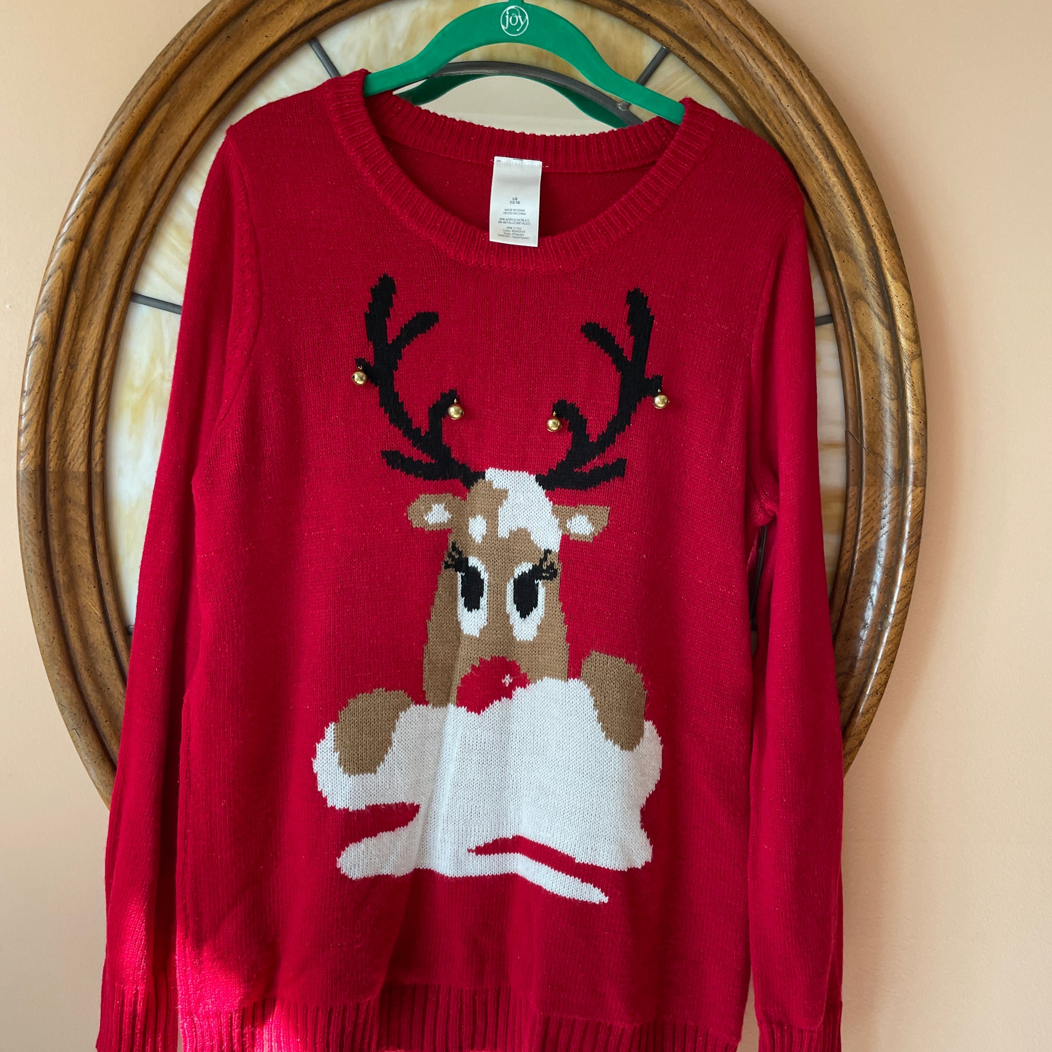 90s Red Acrylic Jingle Bells Antler Deer Pullover Christmas Sweater L