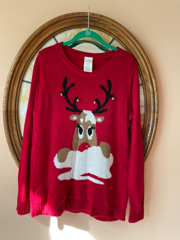 90s Red Acrylic Jingle Bells Antler Deer Pullover Christmas Sweater L