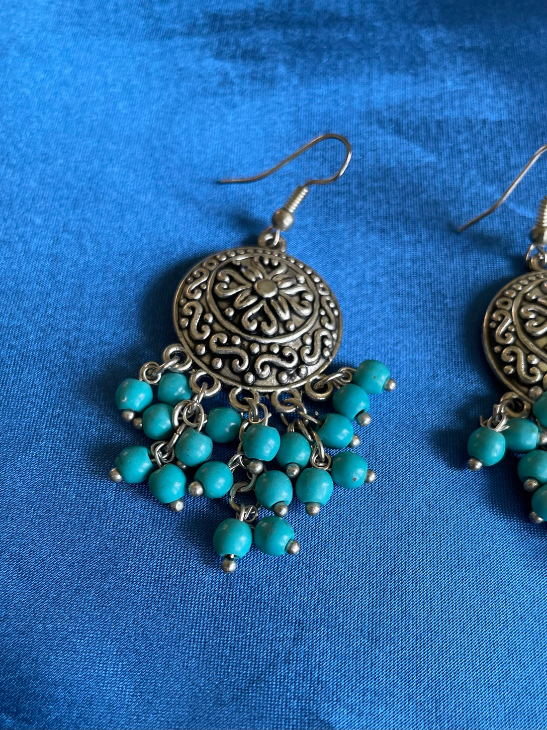 Silver Tone Faux Turquoise Beaded Boho Pierced Earrings