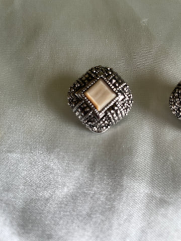 80s Silver Tone Mother of Pearl Accent Clip Earrings