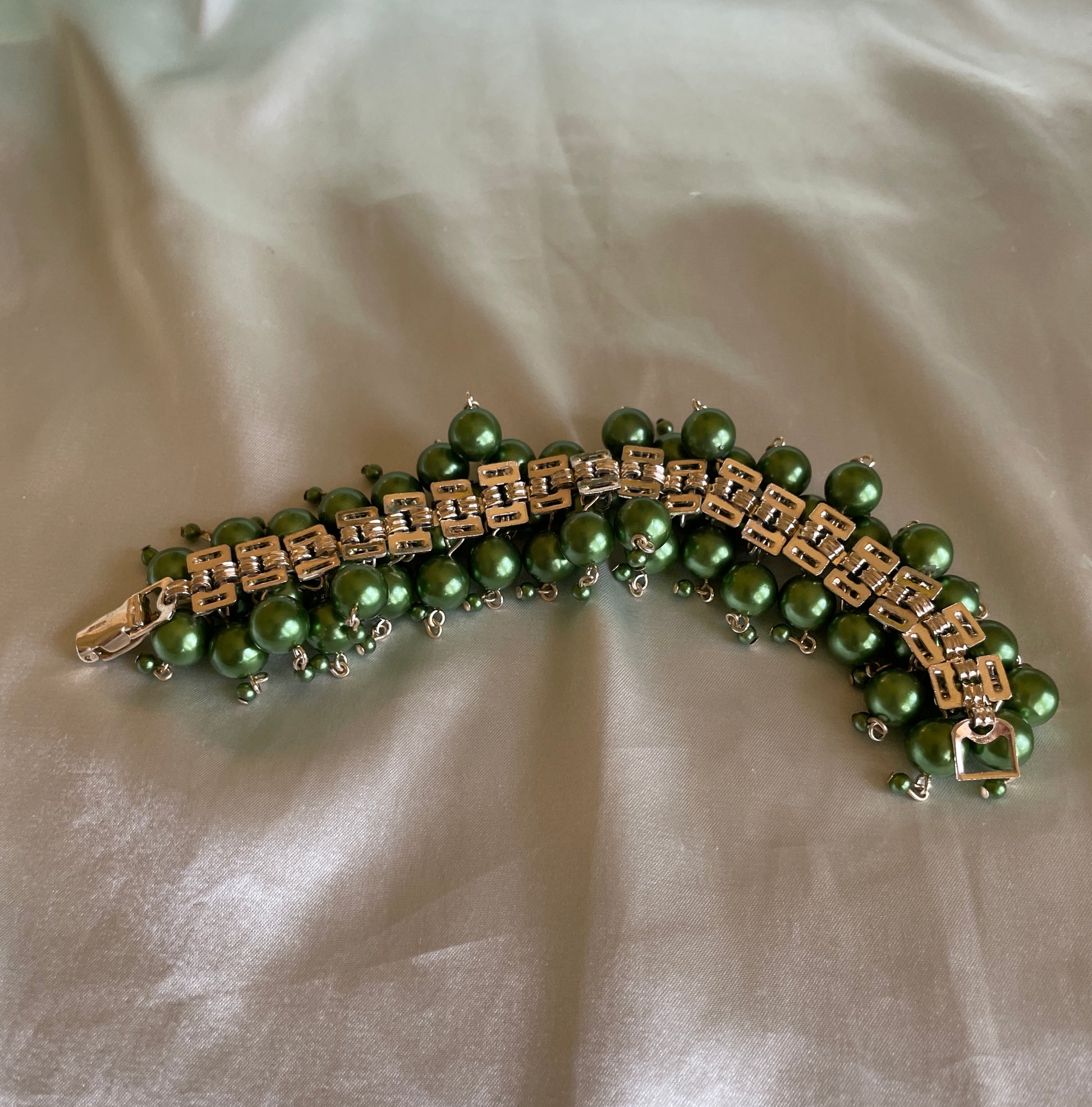  70s Signed Japan Green Glass Dangling Beads Cha Cha Bracelet