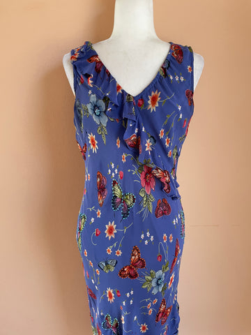 Vintage 90s Lola P Blue Beaded Butterfly Floral Print Summer Garden Party Silk Rayon Blend Ruffle Sleeveless Long Draped Bodycon Dress M