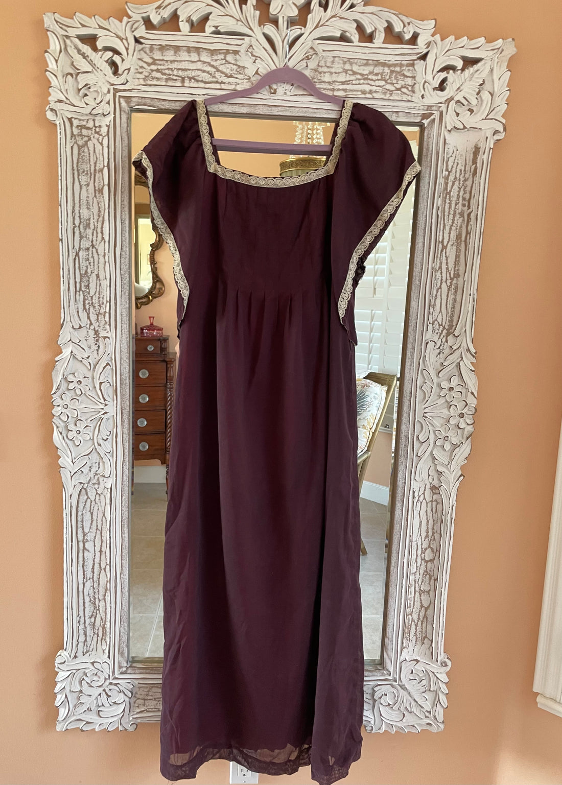 Vintage 60/70s Handmade Linen Gauze Brown Butterfly Sleeve Maxi Dress Sm