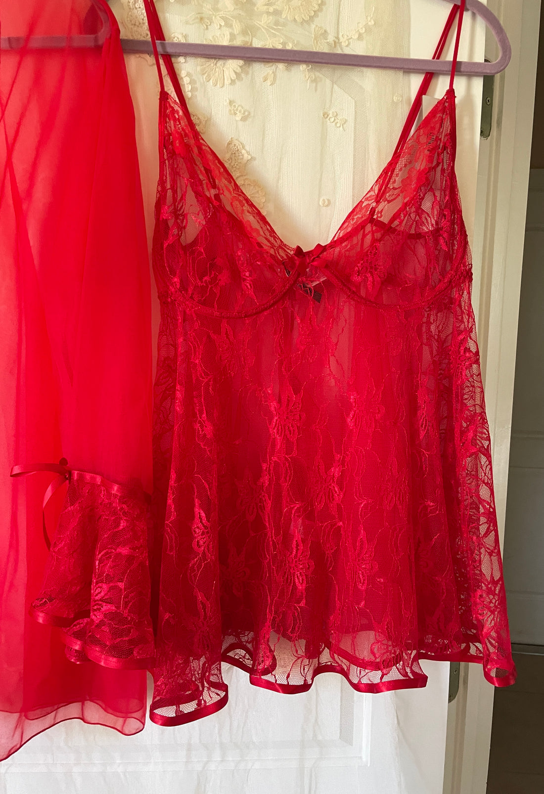 2000s 3 Piece Set Red Sheer Nylon Lounge Top Lace & Ribbon Bell Sleeve Matching Nitie & Panties  3X