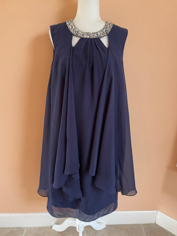 80s  Sleeveless Blue Glittery Knee Length Sleeveless Loose Fit Designer Cocktail Dress M