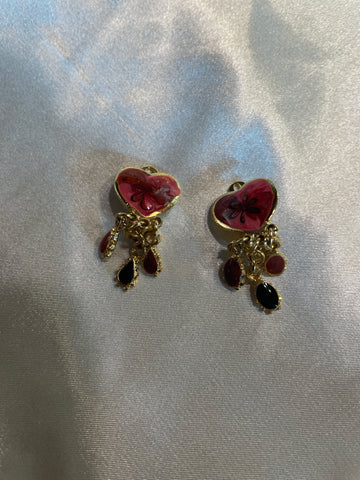 Vintage 80s Red Heart Dangling Beads Clip Earrings