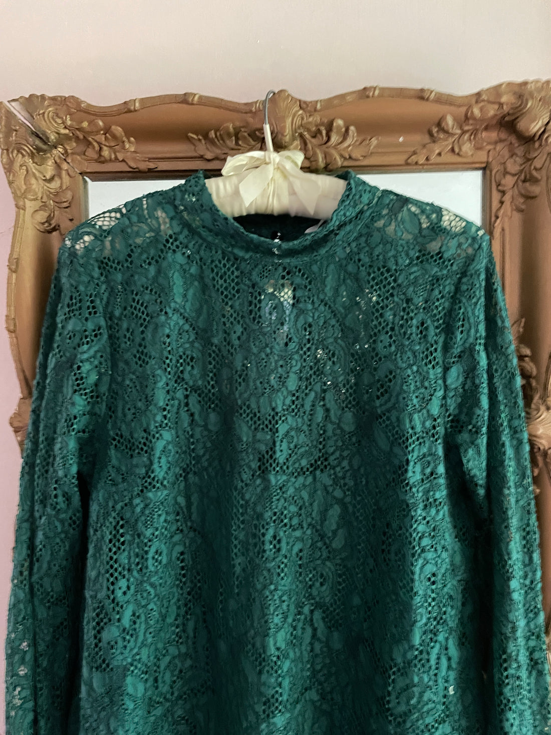 2000s Green Lace Bell Sleeve Slip Lining Cotton Blend H & M Mini Dress M