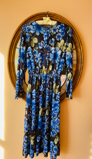 80s Vintage Blue Poly Floral Print Pullover Elastic Waist Button Neck Closure Dress M