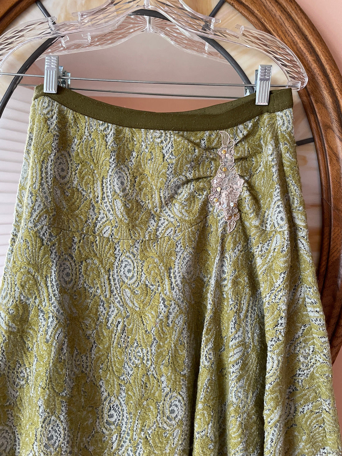 2000s Free People Green Woven Acrylic Wool Blend Floral Appliqué Skirt M