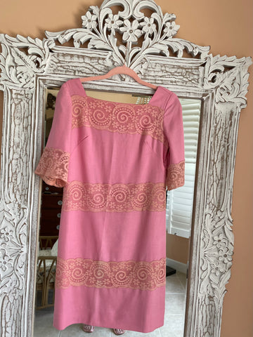 Handmade Pink Linen Lace Panels Bell Sleeve Dress S