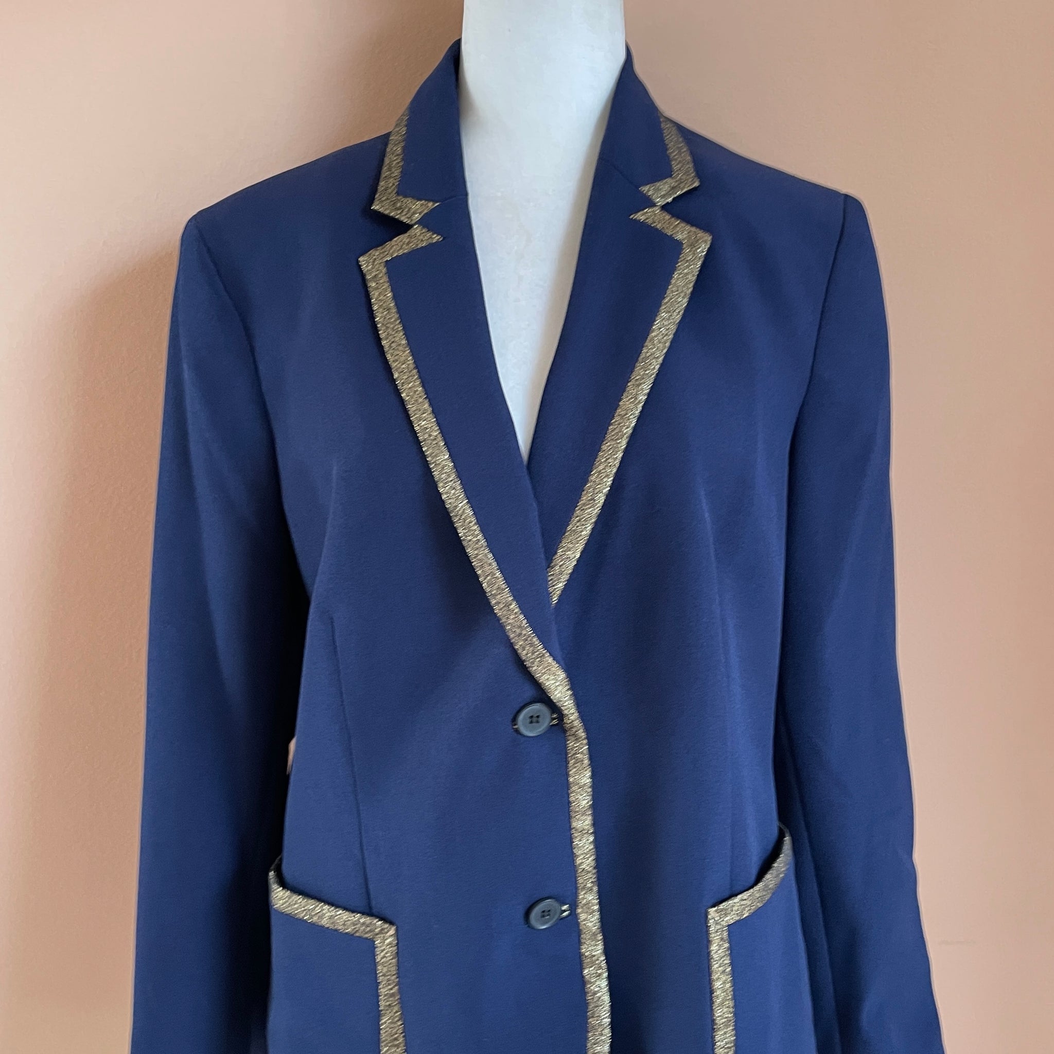 80s Vintage Anne Klein Navy Poly Golden Trim Lined Pockets Button Jacket L