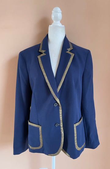 80s Vintage Anne Klein Navy Poly Golden Trim Lined Pockets Button Jacket L