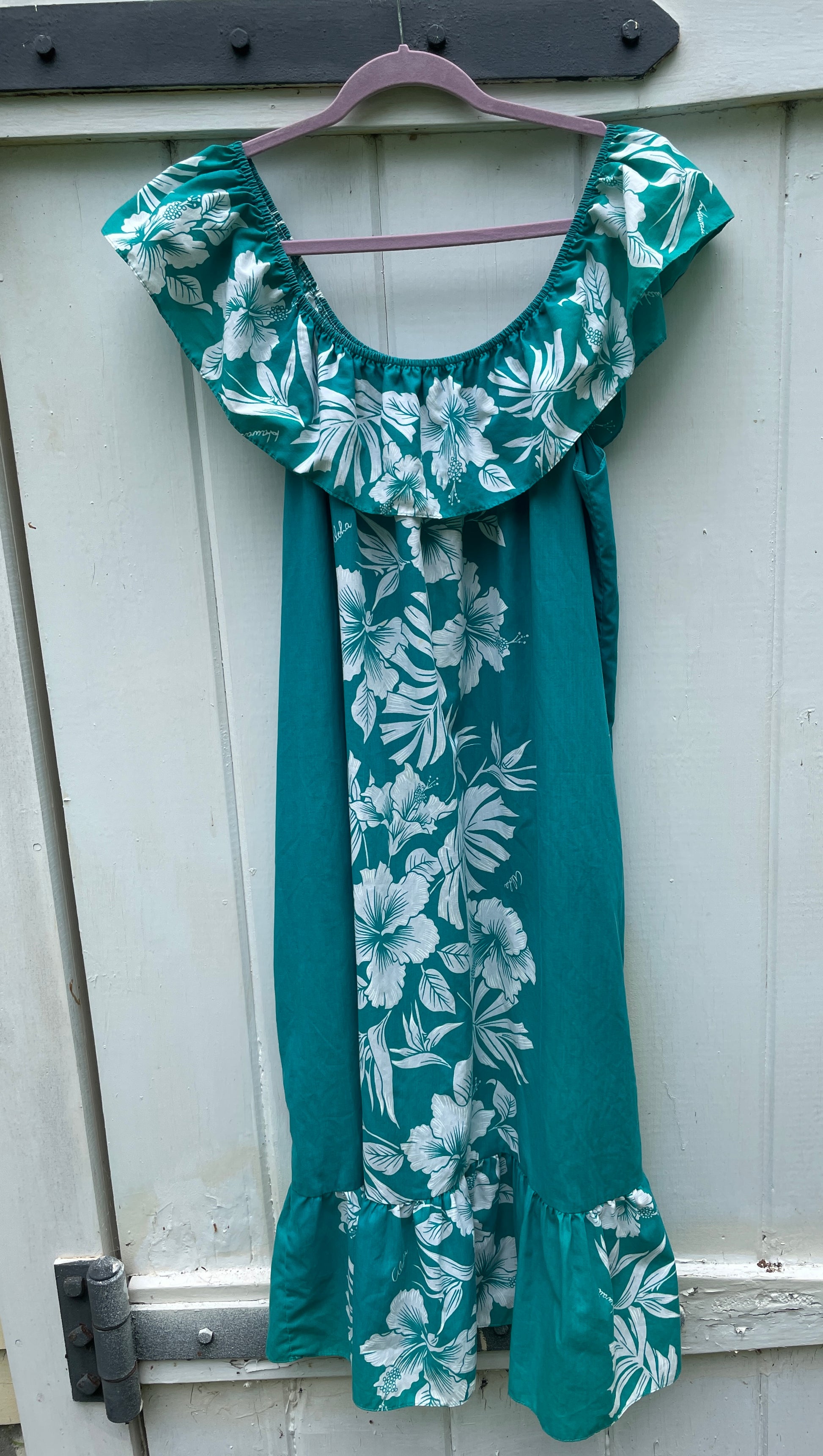  Hawaiian Creations Vintage 90s Floral Print Green Poly Sleeveless Ruffled on off Shoulder Aloha Dress Lg