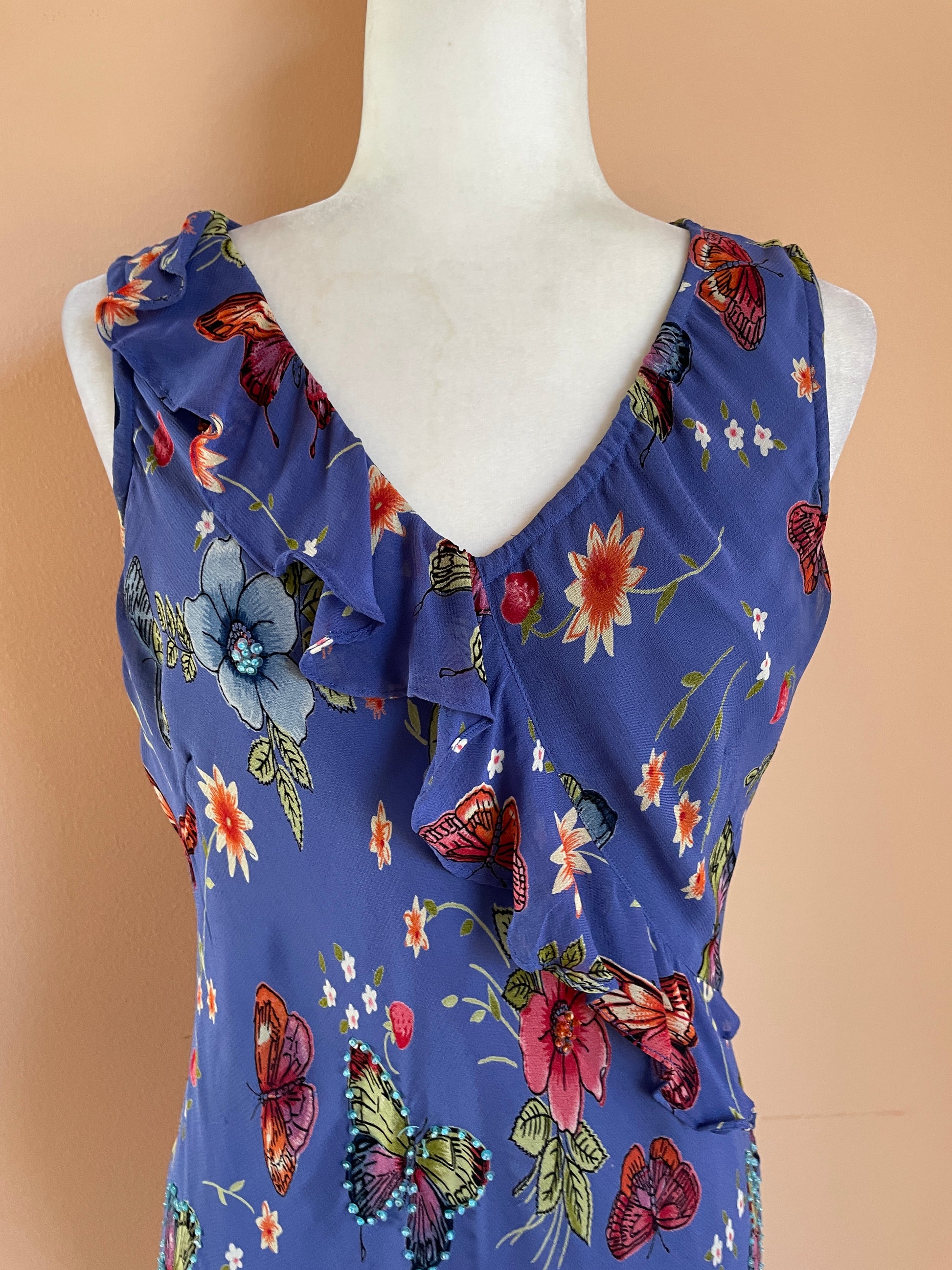  Vintage 90s Lola P Blue Beaded Butterfly Floral Print Summer Garden Party Silk Rayon Blend Ruffle Sleeveless Long Draped Bodycon Dress M