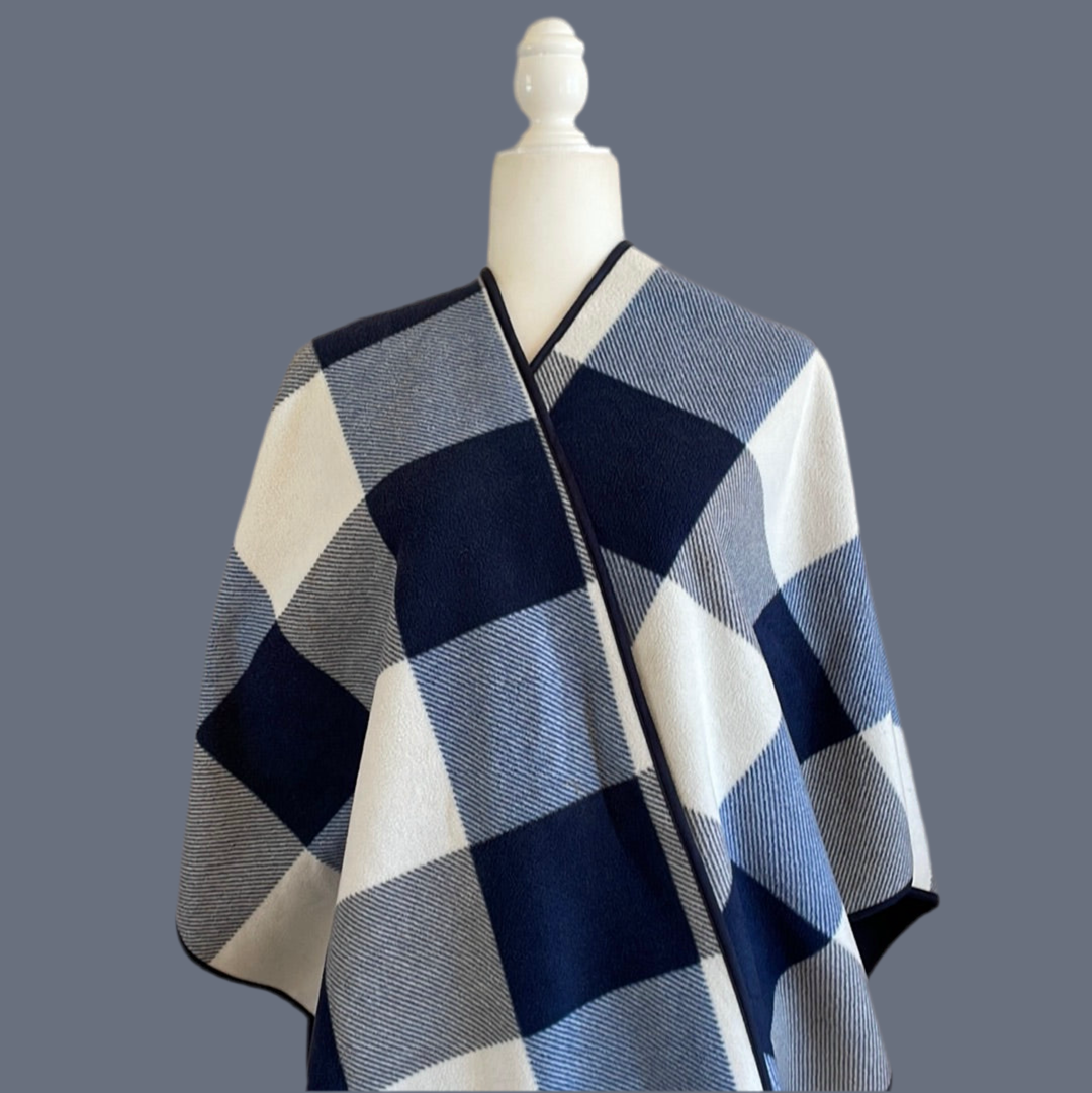 2000s Navy White Check Design Cozy Soft Oversize Cape Wrap