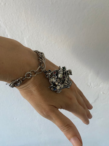 90s Vintage Silver Tone Faux Pearl Rhinestones Flower Basket Charm Necklace