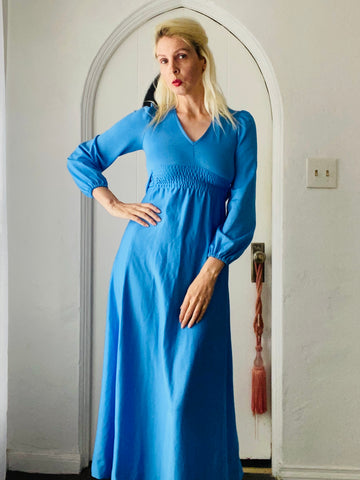 70s Vintage Blue Poly High Waist Back Tie Zip Closure Maxi Dress X/S