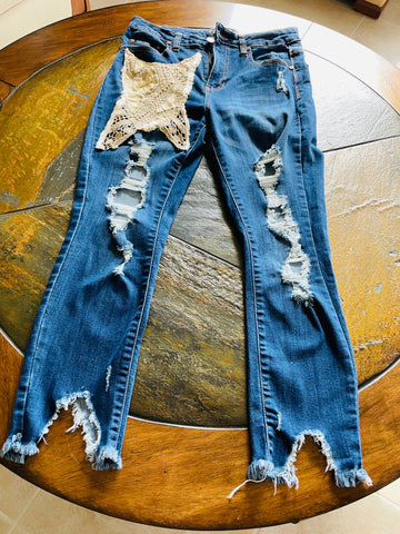 2000s Reborn Appliqué Design Tattered 4 Pocket Blue Denim Tappered Jeans M Size 11