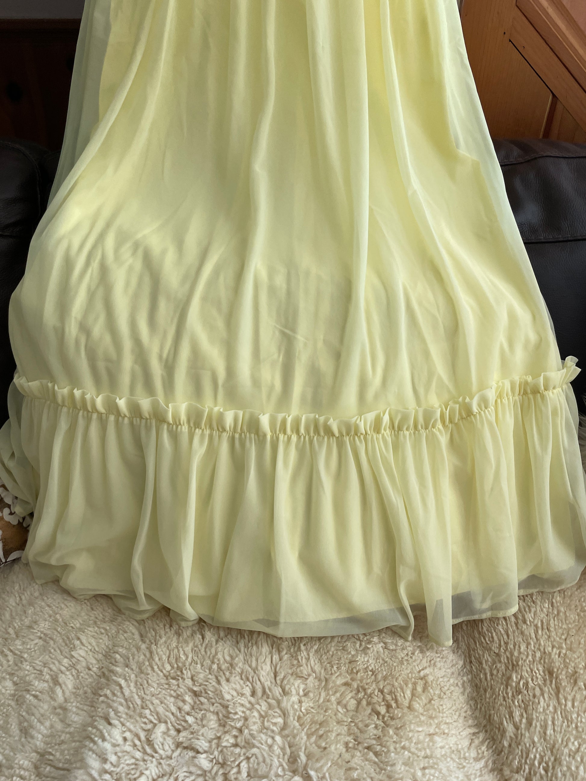  70s Lovely Yellow Sheer Poly Chiffon Lined Lace Bodice Ruffles Tie Back Vintage Prairie Dress S