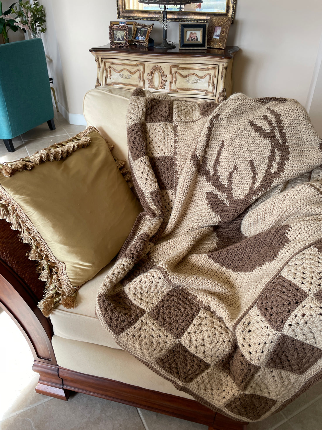 80s Vintage Hand Crochet Brown Acrylic Deer Antler Home Decor Throw Blanket Afghan